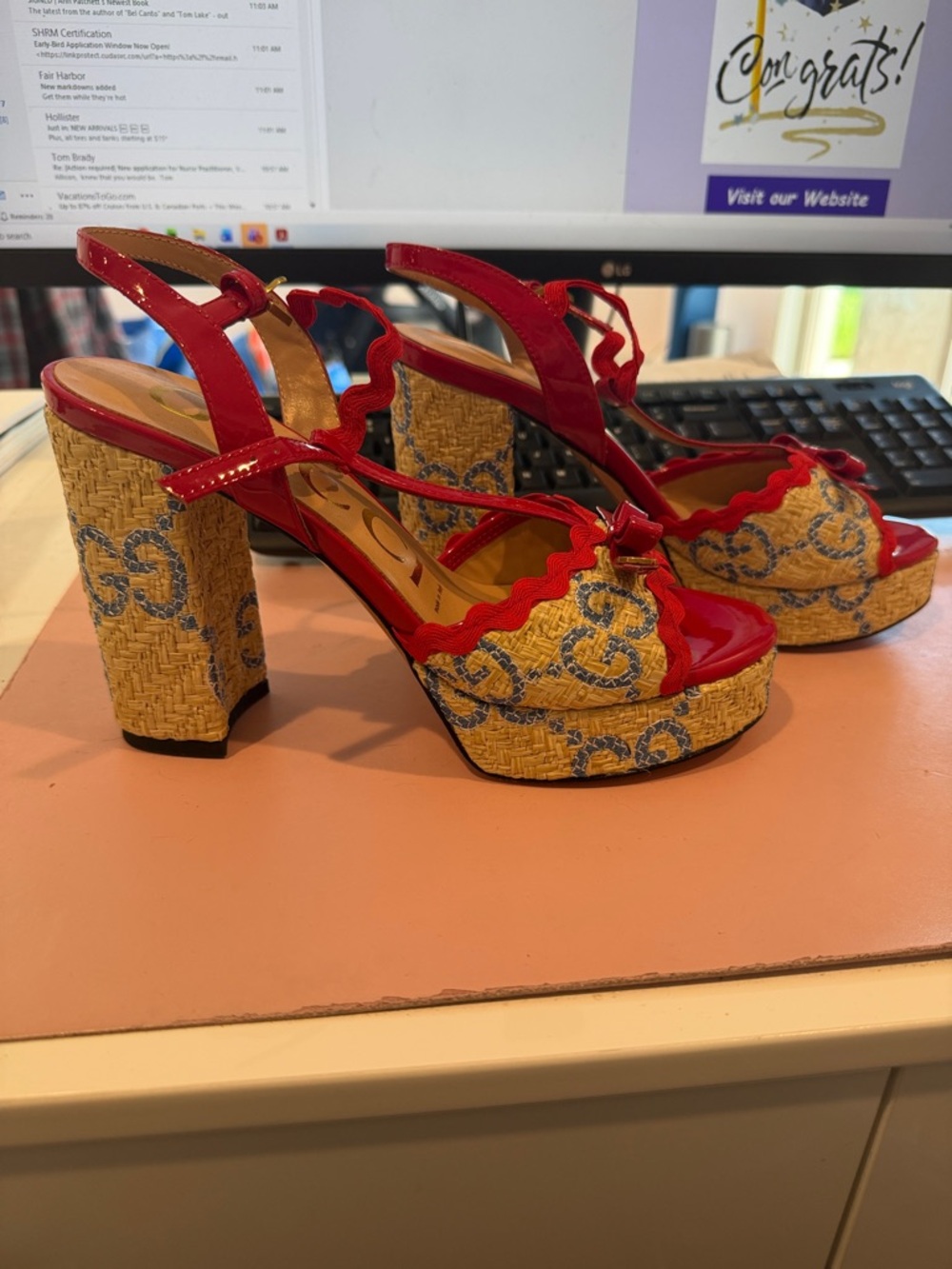 Gucci Red Patent & Woven Platform Slingback Heels - Picture 2 of 7